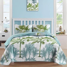 Tropical Plants Quilt Set King Size 3 Pieces Green and Blue Palm Botanical Bedsp