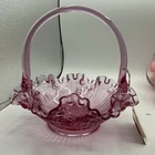 Vintage FENTON GLASS Cabbage Rose Pattern Lavender Basket W/ Handle - Rare Color