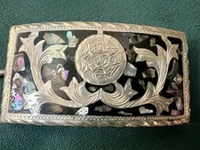 VINTAGE MEXICAN STERLING SILVER ABALONE STUNNING PRE OWNED SIGNED BELT BUCKLE