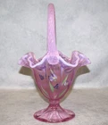 Fenton Pink Chiffon Opalescent Basket Four Seasons Floral T. Twyman Signed 11"