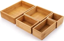 Lawei Set of 5 Bamboo Drawer Organizer Boxes, Desk Storage Box 5pc, Natural 