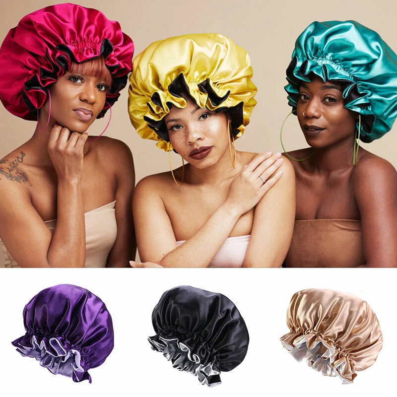Women Satin Night Sleep Cap Solid Hair Bonnet Hat Silk Head Cover