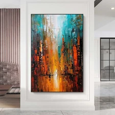 Hand-Painted Modern Reflection CityWall Art Abstract Cityscape Canvas red