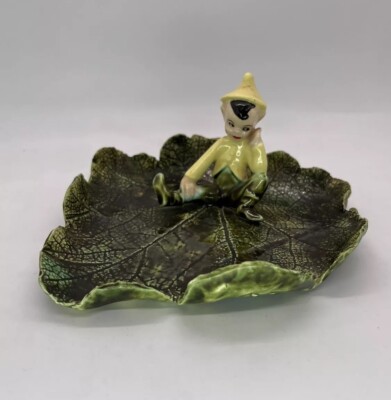 Vintage Ceramic Pixie Elf Sitting on Green Leaf Trinket Jewelry Candy Nut Dish