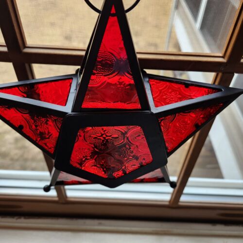 Stained Glass Ruby Red Hanging 5 Point Star Tea Light Candle Holder - Picture 2 of 3