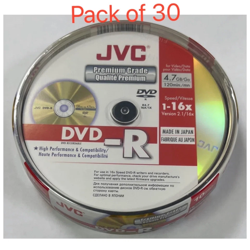 30 x JVC DVD-R 16x Speed PREMIUM Quality Blank Discs 4.7GB 120 mins Spindle - Image 2 of 2