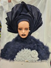 Navy Blue African Bridal Feather Hand Fan