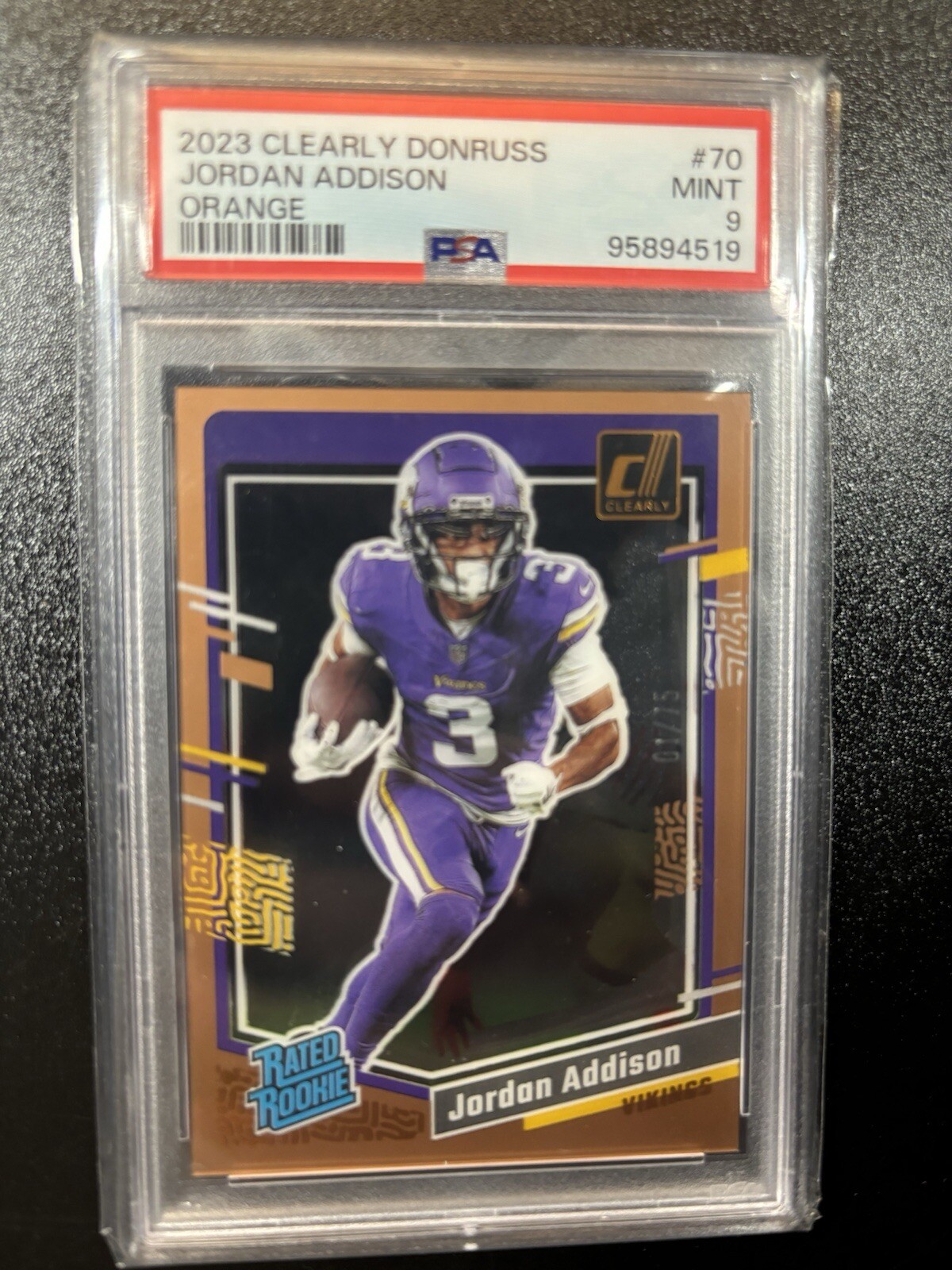 2023 PANINI CLEARLY DONRUSS ORANGE #70 JORDAN ADDISON ROOKIE RC 10/75 PSA 9