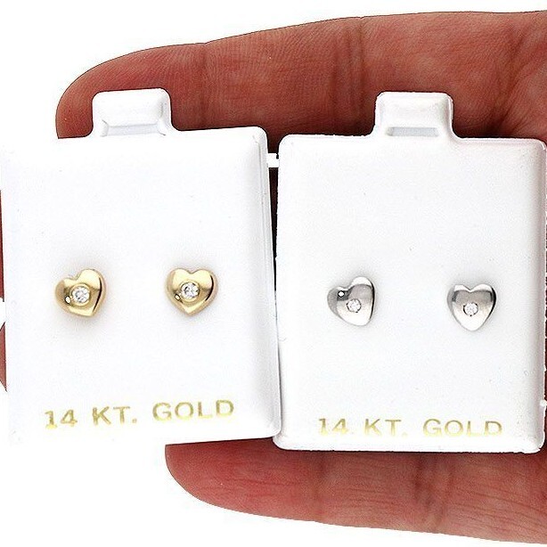 14K Yellow White Gold Cubic Zirconia Puffed Heart Stud