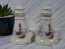 Ceramic Lighthouse Salt Pepper Shakers Gold Accents - M1