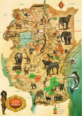 Pictorial Map of East Africa Kenya, Tanzania, Uganda Wall Art Poster