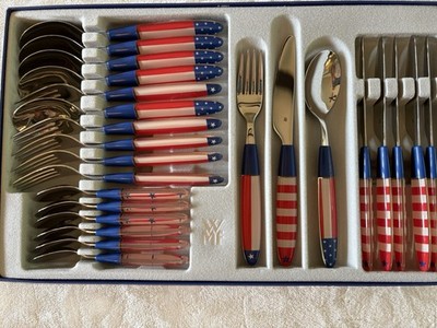 WMF Cromargan 24 PC Flatware Set Patriotic American Flag Lucite Handled 18/10 