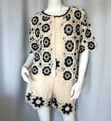 Hippie Jacke Häkel Patchwork Strickjacke Beige Schwarz 1/2Arm 36,38,40,42 Neu