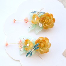 Yellow Glass Flower Hair Clip Pair Chinese Style Hair Accessory