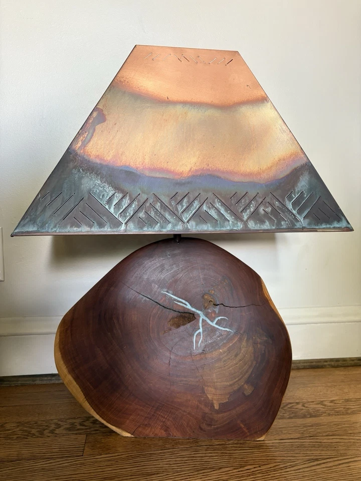 "Lámpara Mesquite DE COLECCIÓN - Incrustación Turquesa 21"" Pantalla Cobre ORIGINAL / KOHLER / ¡Pesada! Foto 2 de 4