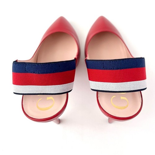GUCCI | Sylvie Web Stripe Slingback Red Leather Pointed Pumps EU 39 US 9 - Picture 8 of 16