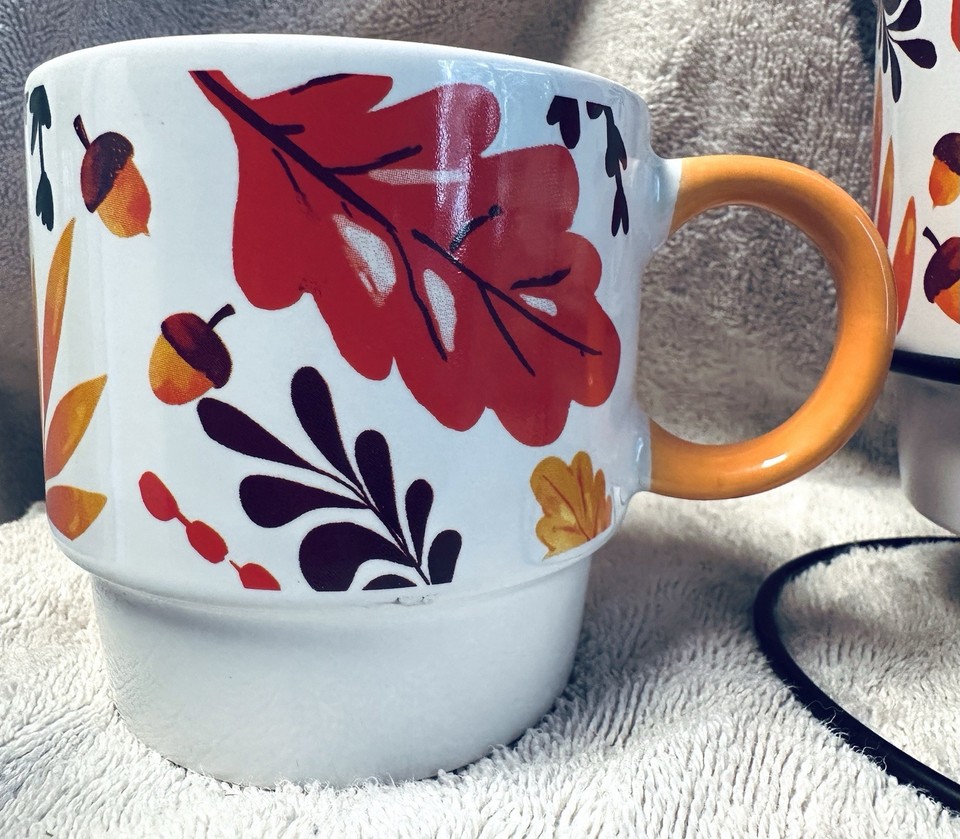 Set of 4 Fall Autumn Stacking Mugs &Metal Rack Orange Floral Leaf Acorn ...
