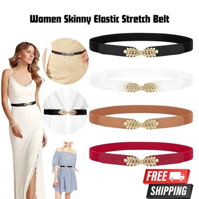 Women Skinny Elastic Stretch Cinch Belt Waist Gold Leaf Buckle Dress Accessory