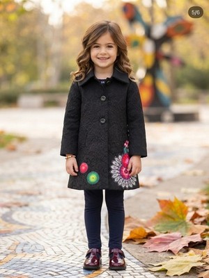 Desigual Girls 5/6 Y Black Embossed Designer Trench Coat Embroidered Flawed