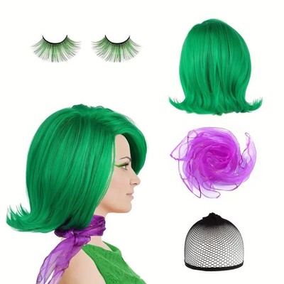 Sooleng Women Costume Green Wig Purple Scarf Green Eyelashes