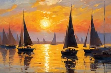 Impressionistic Landscape Sailboat Sunset Canvas Wall Art Picture