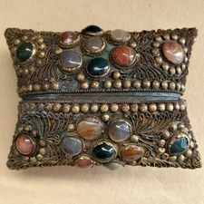 Vintage Indian Sajai Pillow Box Gemstones and Brass over Copper