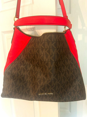 Michael Kors Monogram Shoulder Bag Brown/Red Zip Closure Red Strap Gold HW
