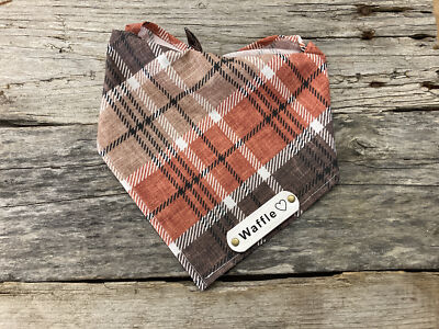 Dog Bandana, Winter Plaid Brown Rust White, White Leather Personalized Name  Tag