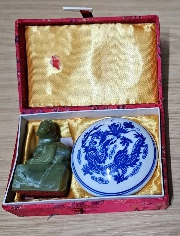 Antique Oriental Brush Ink Painting Dragon Ceramic Paint Pot & Jade Stamp - Image 2 of 4