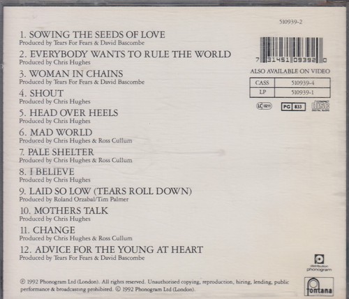 TEARS FOR FEARS "Tears Roll Down (Greatest Hits 1982-1992)" CD - Picture 2 of 2