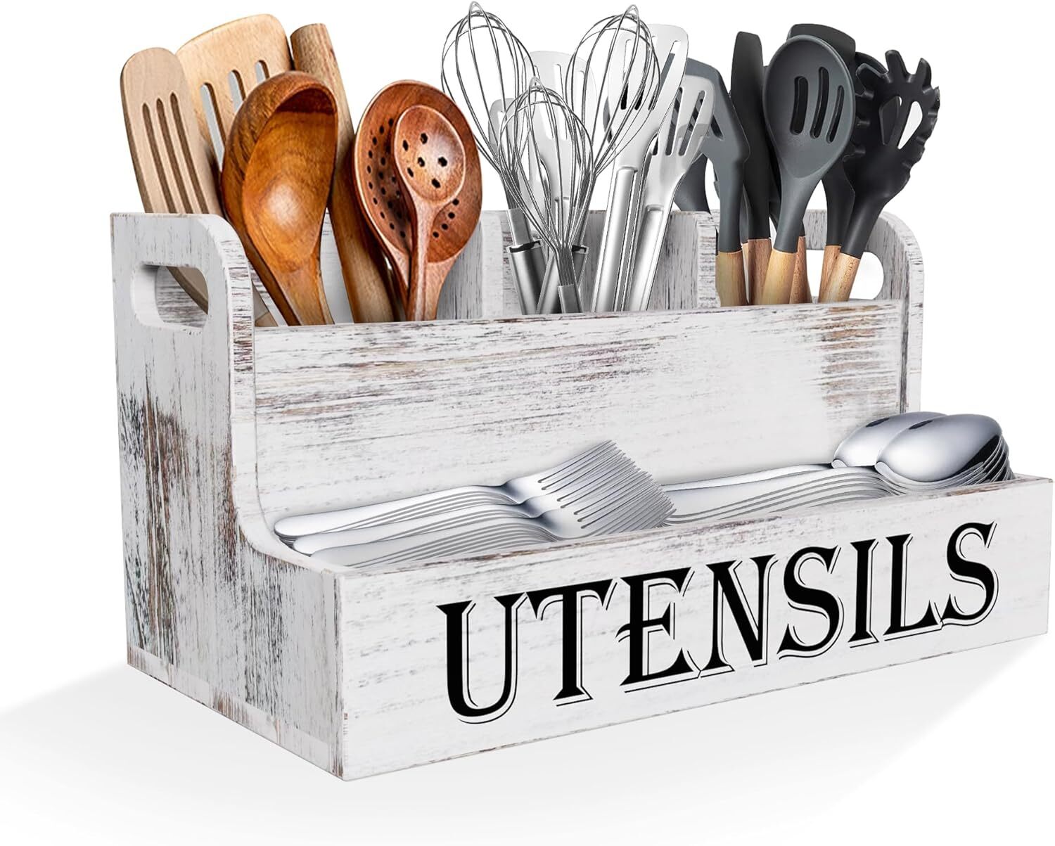 Extra Large Kitchen Utensils Holder with 4 Compartments, White Wooden Utensil 