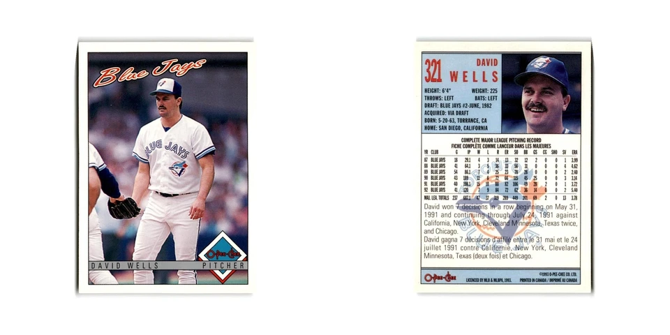 David Wells 1993 O-Pee-Chee #321 Toronto Blue Jays Baseball Card NM - Image 3 of 3