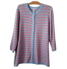 Vtg BFA Classics Womens 2X Button Front Cardigan Sweater Open Knit Pastel Stripe