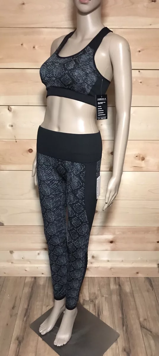 LA IMAGE Women Legging & Sport Bra 2 Piece Set Small Black And Gray Reptile  NWT