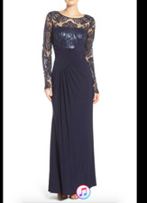 Eliza J Navy Blue Sequin Sheer Lace Long Sleeve Ruched Stretch Jersey Gown Sz 6