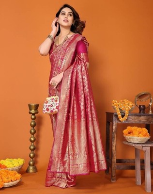 Indian Women Kanjivaram Saree, Self Design Kanjivaram Silk Blend Saree  (Pink)