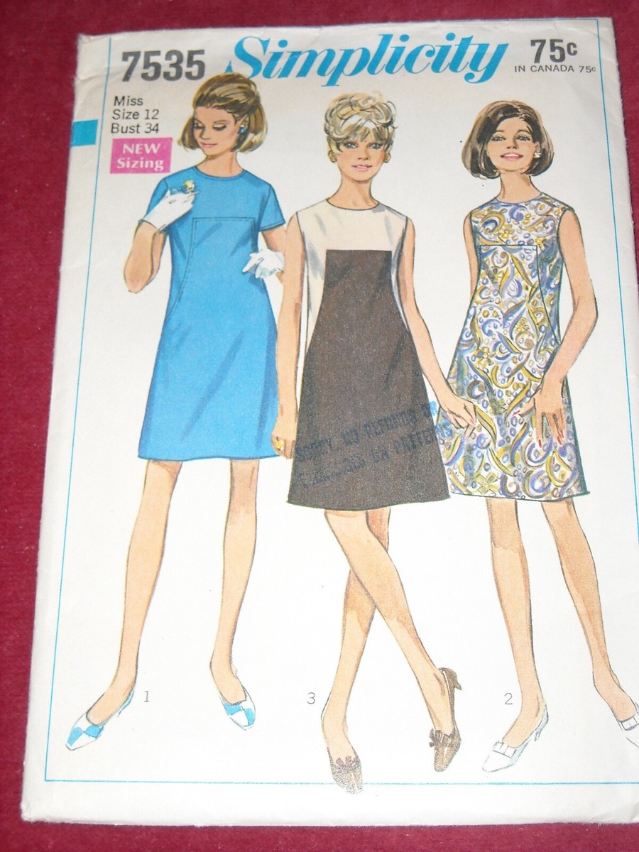 💐1968 SIMPLICITY #7535 - LADIES RETRO COLLARLESS - A-LINE DRESS PATTERN 12