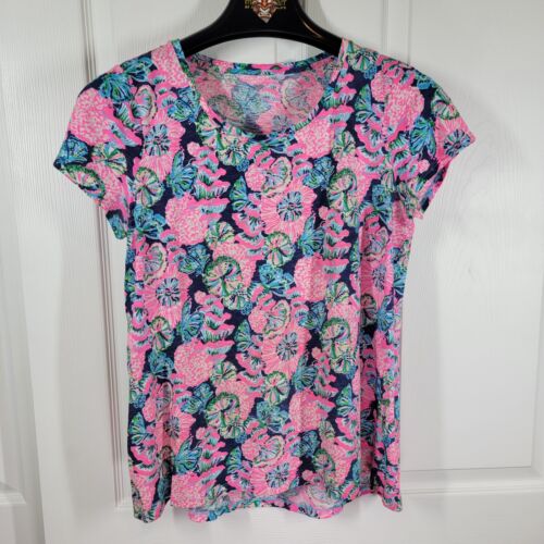 Lilly Pulitzer Etta Scoop Neck Tee Navy Shroom With A View Cotton Slub Top MED