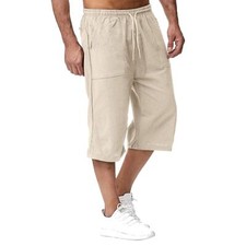 Mens 3/4 Length Linen Shorts Elasticated Waist Casual Drawstring Capri Pants US