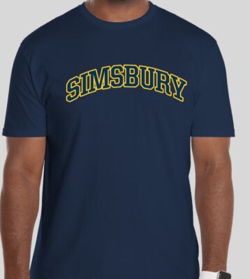 Simsbury Connecticut T-Shirt. 2 Color Simsbury Print. Navy Tee.  Adult Large