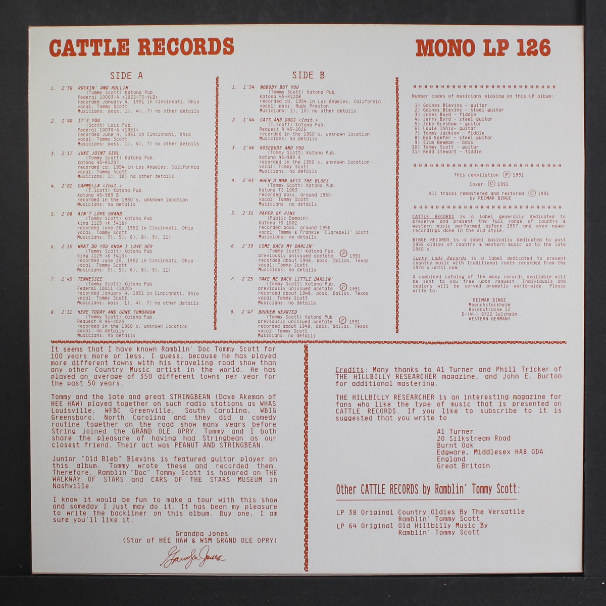 RAMBLIN' TOMMY SCOTT: hillbilly & rockabilly rarities CATTLE 12