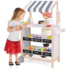 Kids Ice Cream Cart Wooden Toddler Farmers Market Stand W/ Storage  Chalkboard