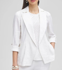 Chicos White Linen Blend Open Front Blazer Jacket Women's 12 Roll Sleeve NICE