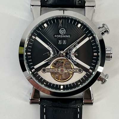 Forsining Automatic Skeleton Watch Black Dial Leather Strap Runs Great