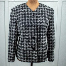Talbots Petites Italian Fabric Tweed Blazer Jacket Black White Wool Blend Size 6