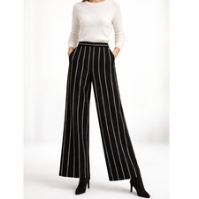 ESCADA SZ 12 Tarissa Black Pinstripe Cotton Wool Power Trousers Wide Leg Pockets