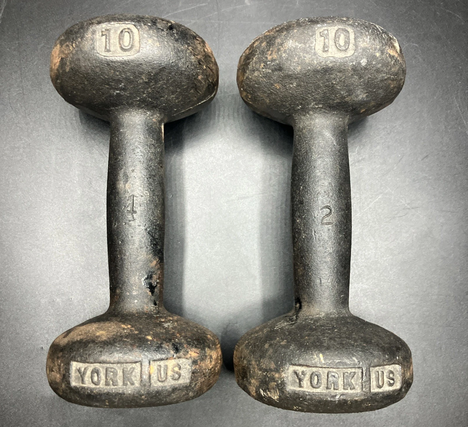 Vintage York 10lb Dumbbells Cast Iron Bun Dumbbell USA Weight Lifting Rare Pair