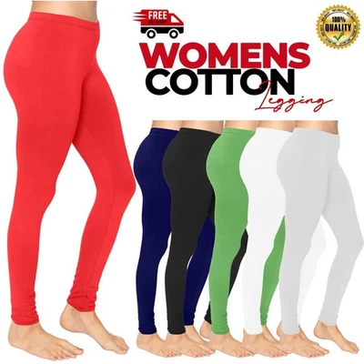 Womens Cotton Leggings Elastic Waist Full Length Plain Trousers Pants UK 8-30 - Image 1 of 4