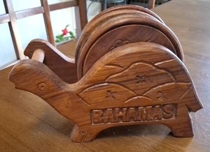 Vintage 7 Piece Hand Carved Wood Turtle Coaster Set, Souvenir 