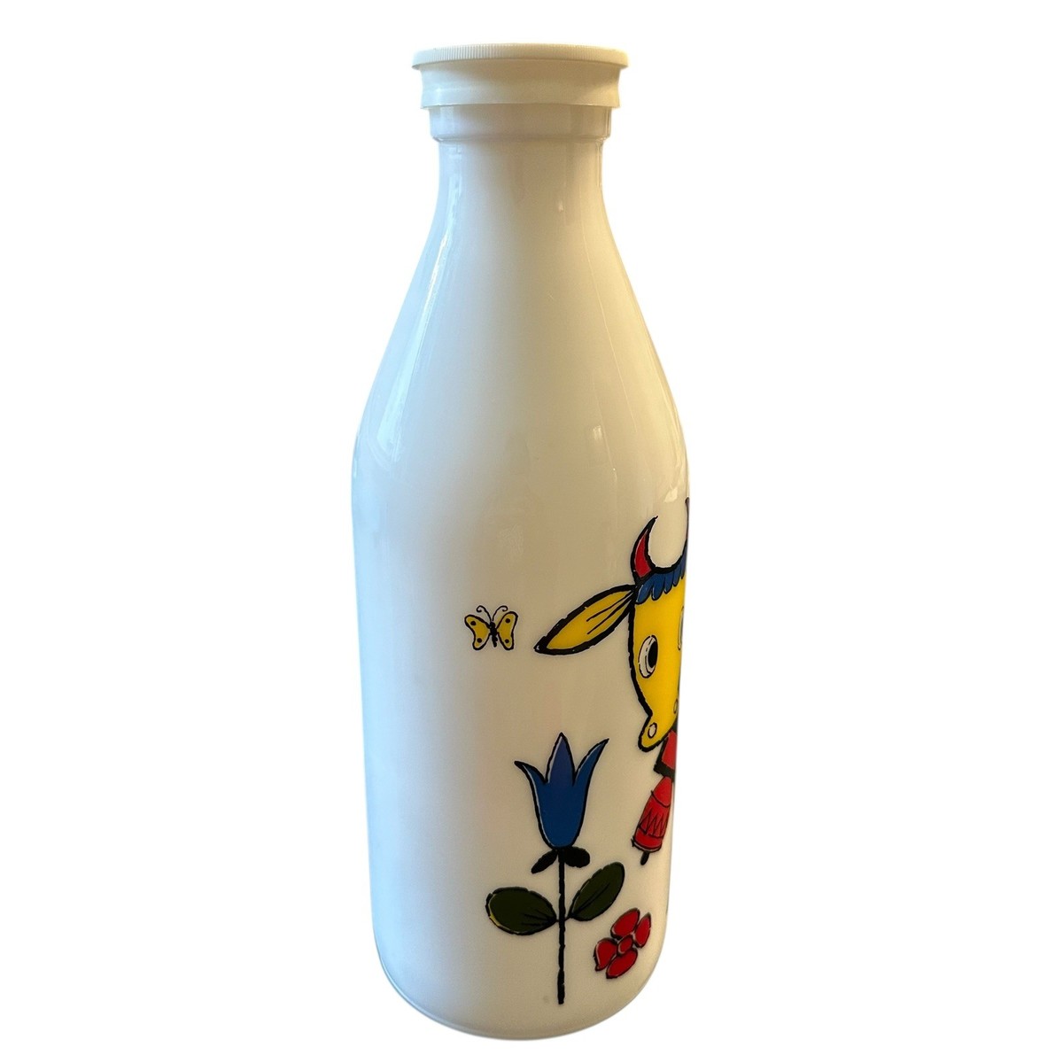 Two Vintage Egizia White Glass Milk Bottles with Cow Design 